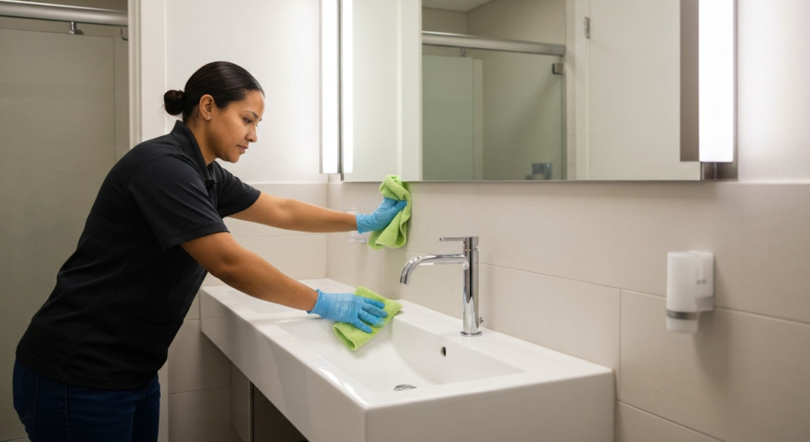 Professional cleaner maintaining a spotless restroom in an Orlando office post-construction.