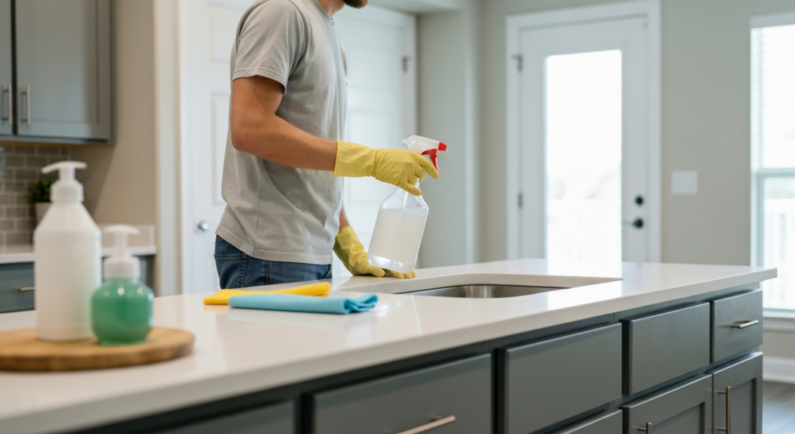 Professional cleaner using eco-friendly cleaning products in an Orlando kitchen