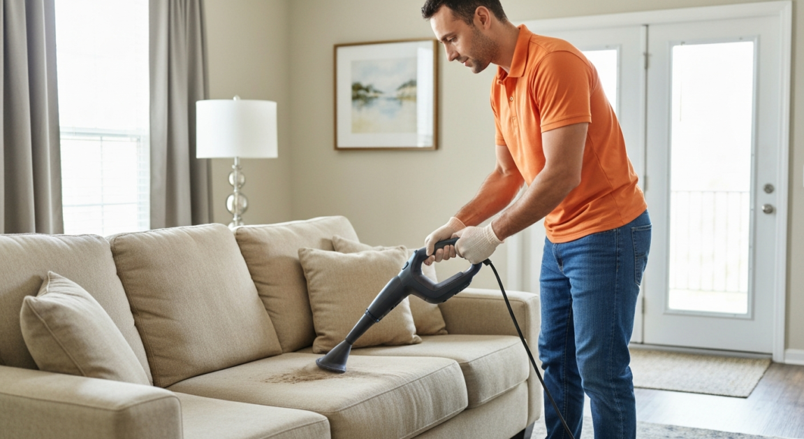 Professional cleaner using a steam cleaner on a sofa in an Orlando apartment