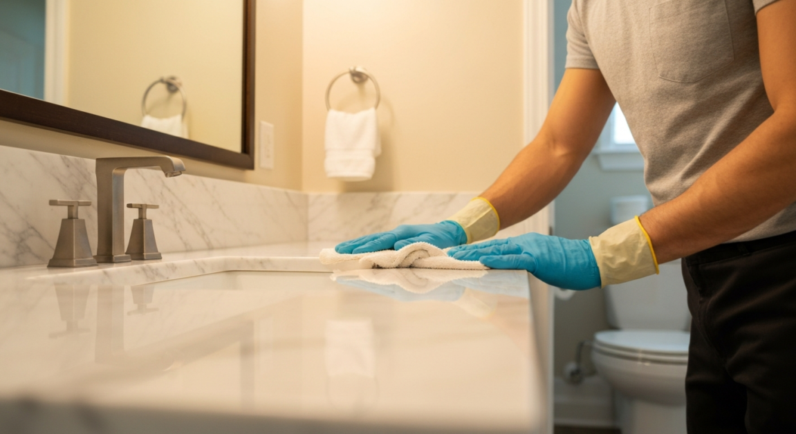Professional cleaner polishing a marble countertop with care in Orlando home