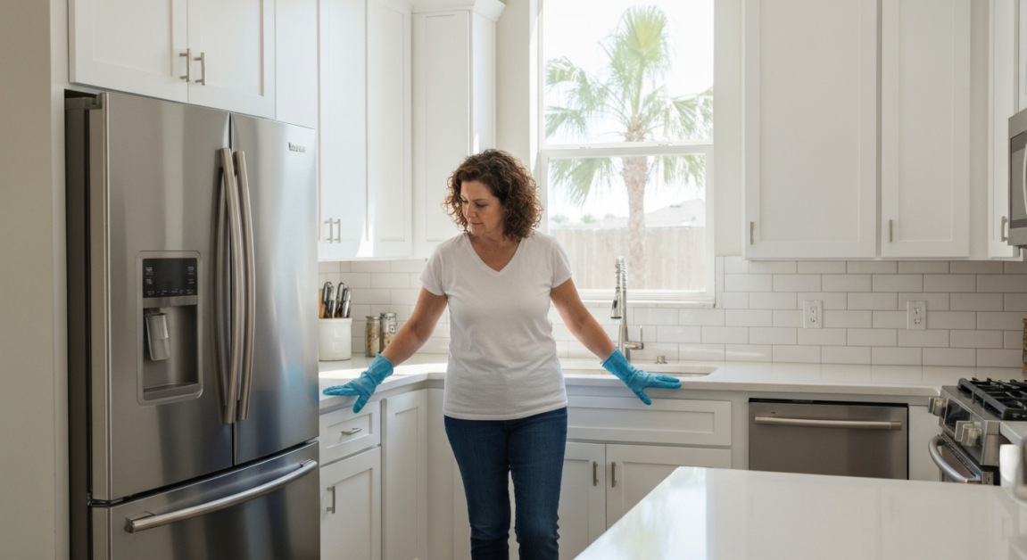 A cleaner inspecting a spotless kitchen. Prevent construction dust in Orlando with All Great Cleaner – Professional Cleaning Services.
