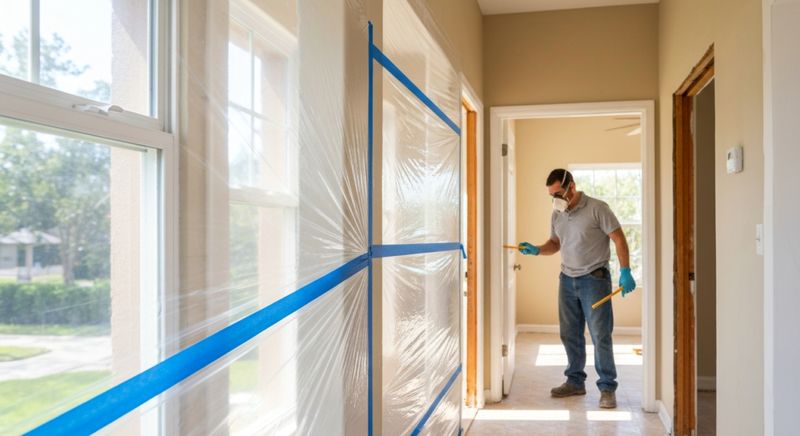 Hallway in Orlando home sealed off with plastic sheeting to contain construction dust.