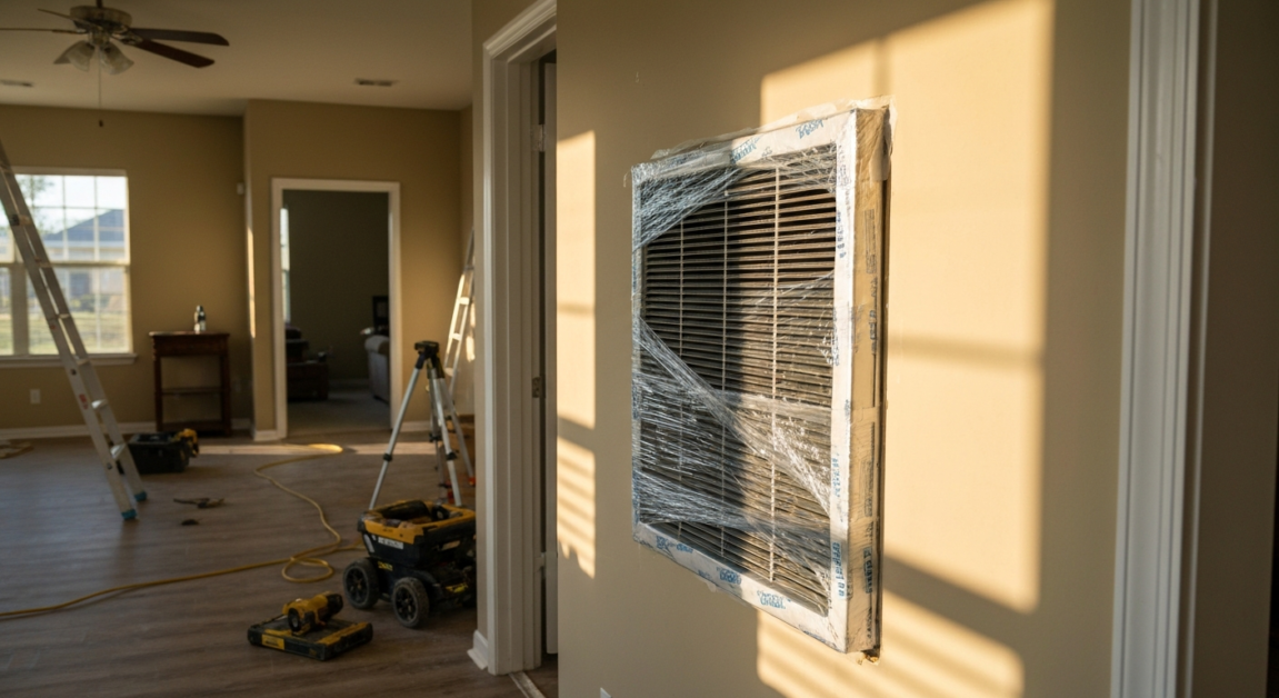 HVAC vent in Orlando home sealed with plastic wrap during construction.