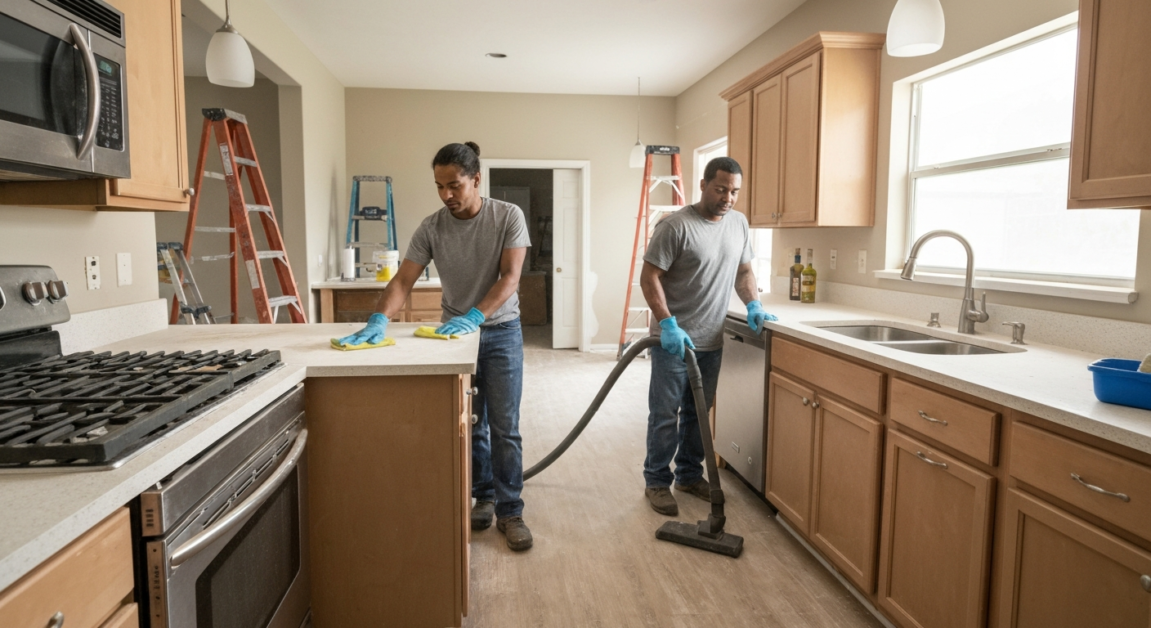 Professional cleaner using microfiber cloth and HEPA vacuum in an Orlando kitchen renovation.