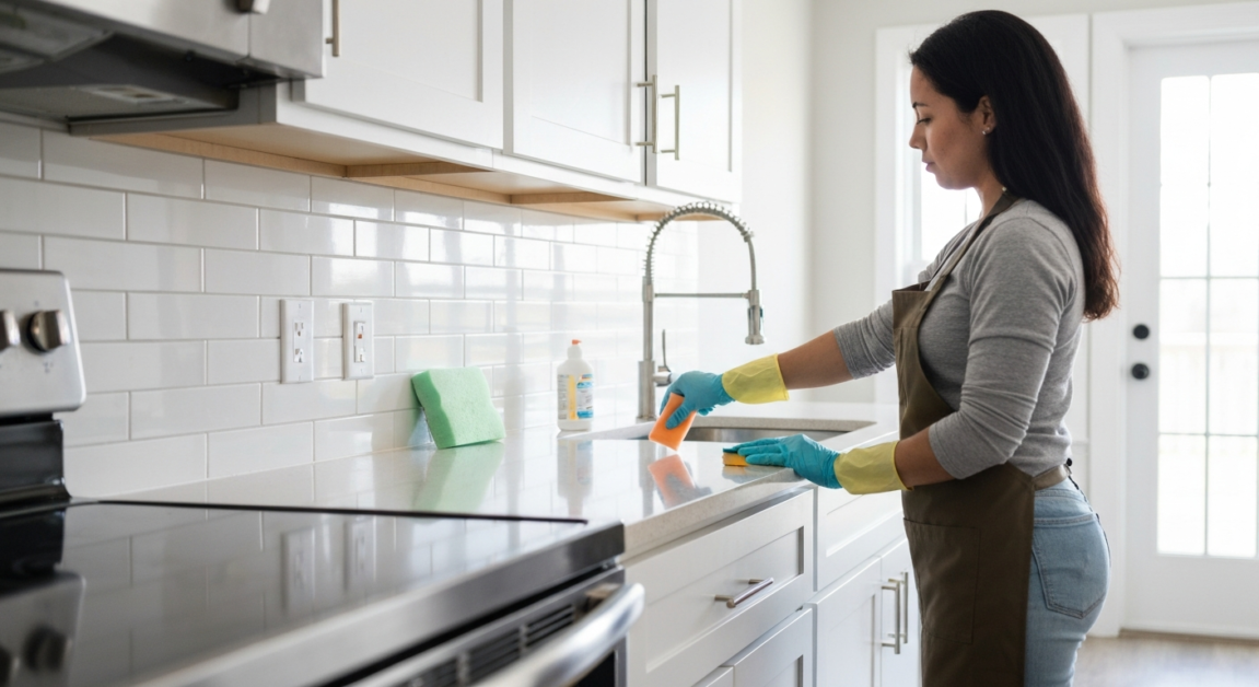 Cleaner sanitizing kitchen countertops in an Orlando vacation rental, highlighting the focus on high-touch areas.