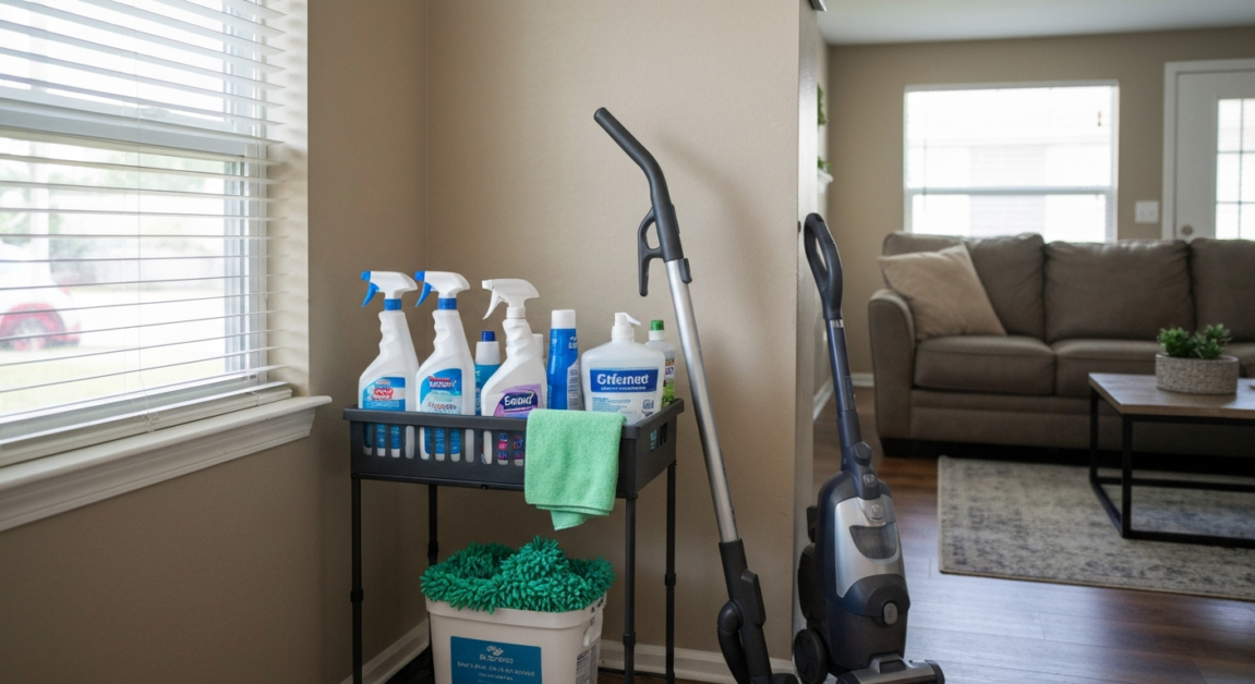Organized cleaning station in Orlando home living room with supplies ready for holiday party preparation