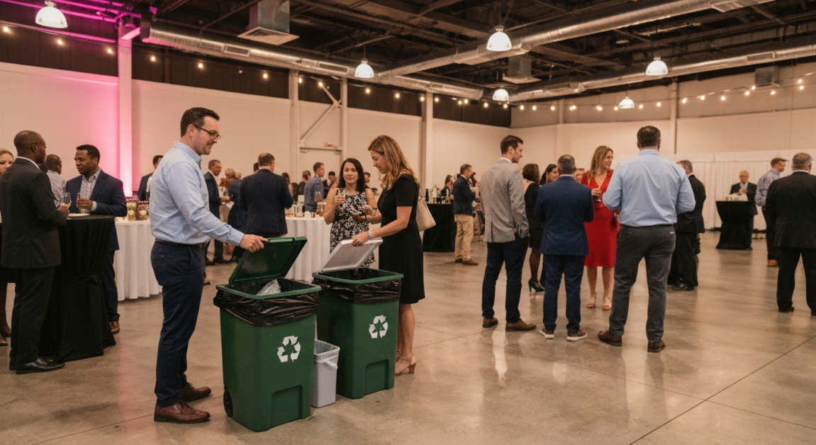 Trash bins strategically placed in Orlando event space for party mess control and tidiness