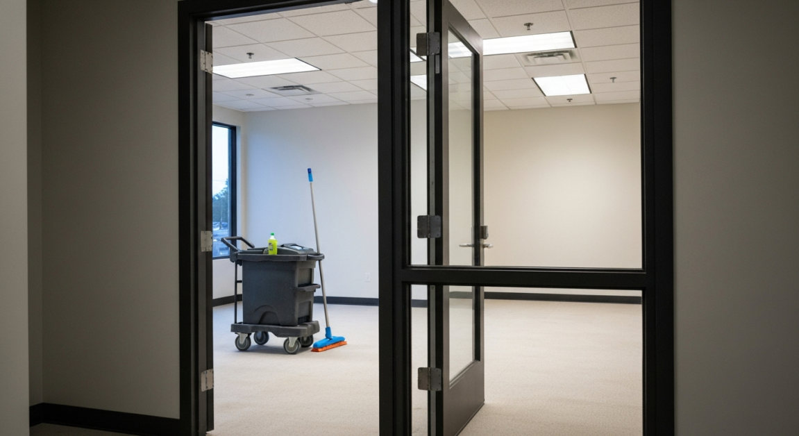 Janitorial cart in an empty Orlando office indicating cleaning scheduled outside business hours.