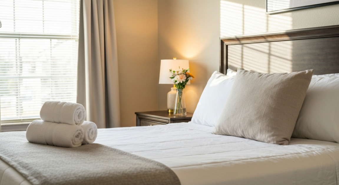 Neatly made bed with fresh linens and flowers in an Orlando vacation rental, emphasizing guest comfort.