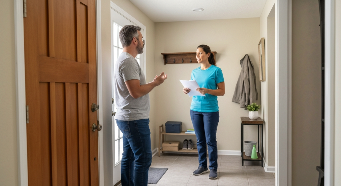 Homeowner discussing cleaning needs with a professional cleaner in an Orlando home