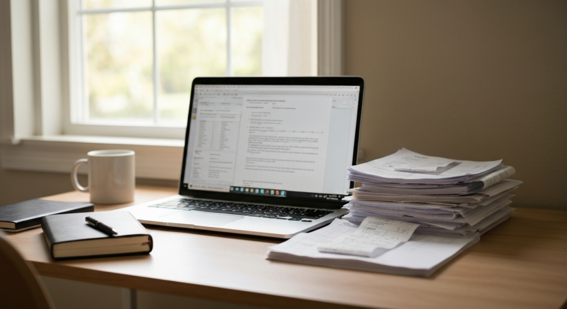Organized invoices and laptop screen showing tax documents in an Orlando home office.