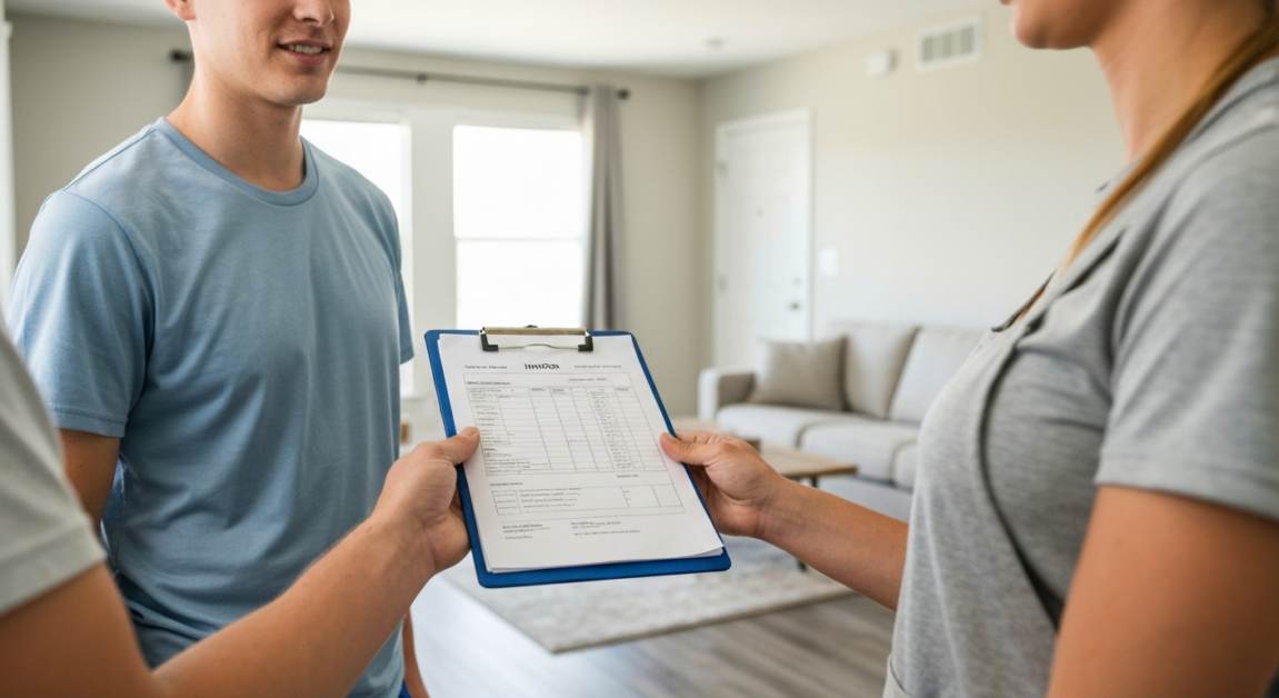 Cleaning professional presenting a detailed invoice in an Orlando rental property.