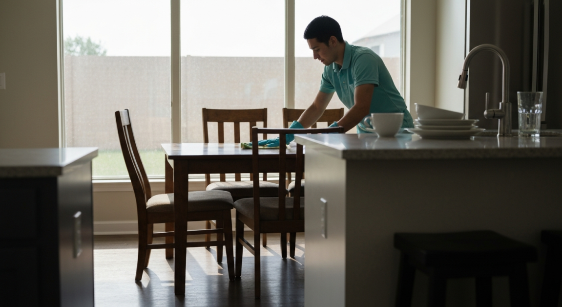 Cleaner wiping dining table in a high-traffic area of Orlando home