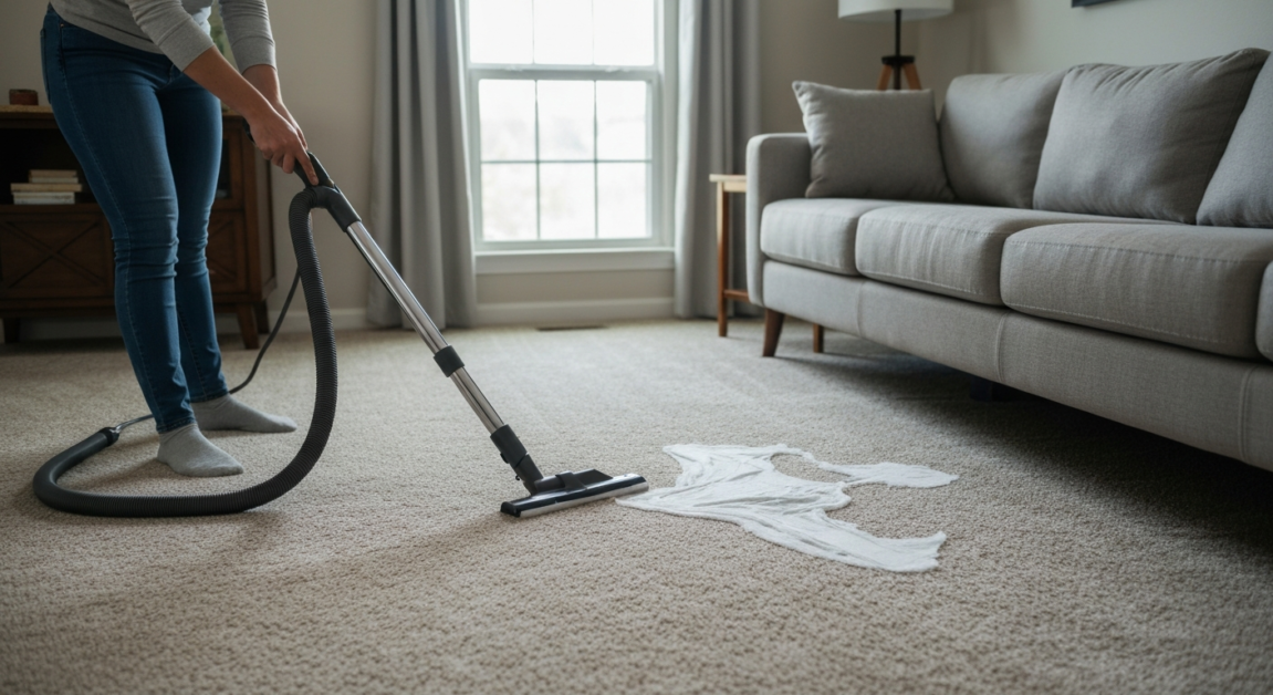Cleaner vacuuming carpet to prevent stains in Orlando living room