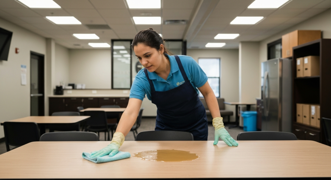 Professional cleaner in Orlando office quickly cleaning up a spill with a cloth in a breakroom.