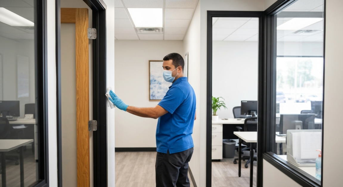 Professional cleaner sanitizing high-touch areas in an Orlando office workspace with a wipe.
