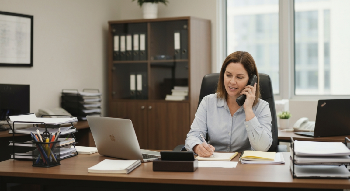 Office manager in an Orlando office making a call for emergency cleaning services.