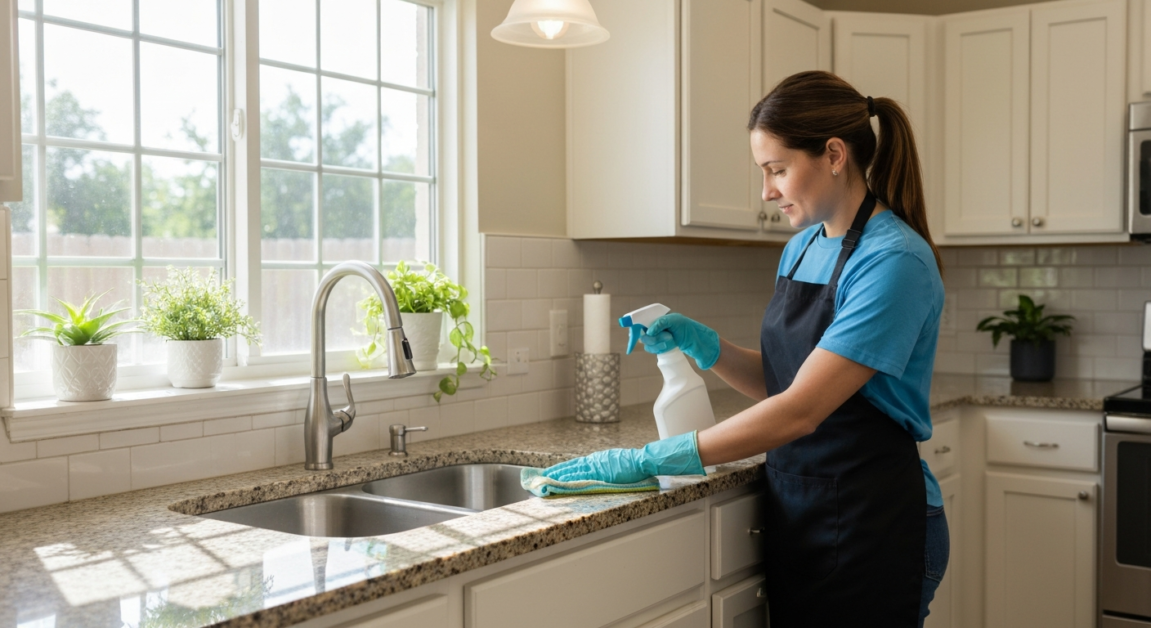 Cleaner using biodegradable, non-toxic cleaning products in an Orlando kitchen