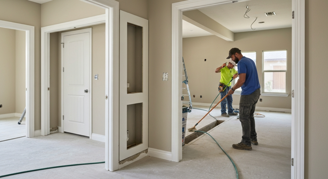 A professional cleaner in Orlando carefully cleaning a post-renovation area, ensuring inspection-ready results.