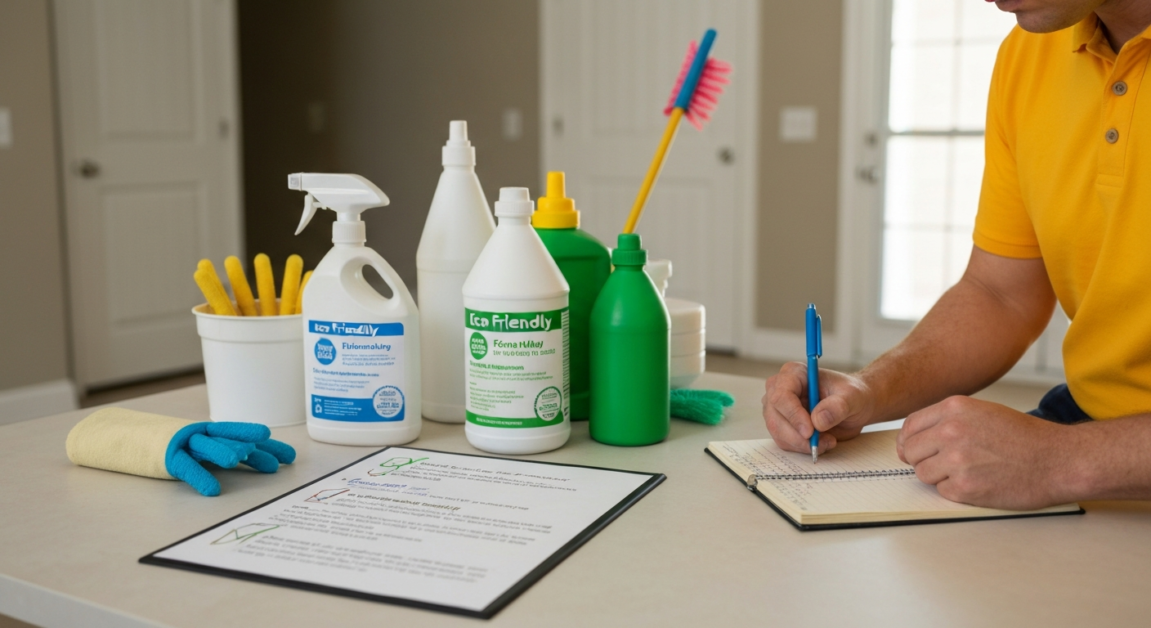 Checklist and eco-friendly cleaning supplies used in an Orlando post-construction cleaning service.