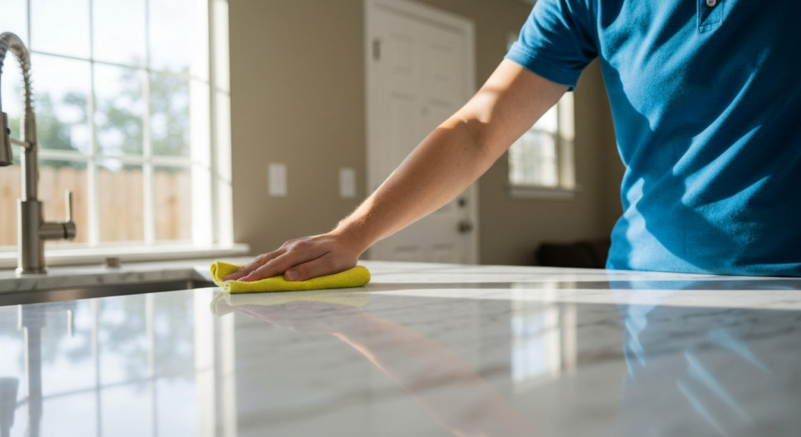 Cleaner working on marble countertop post-construction with microfiber cloth, highlighting cleaning method detail.