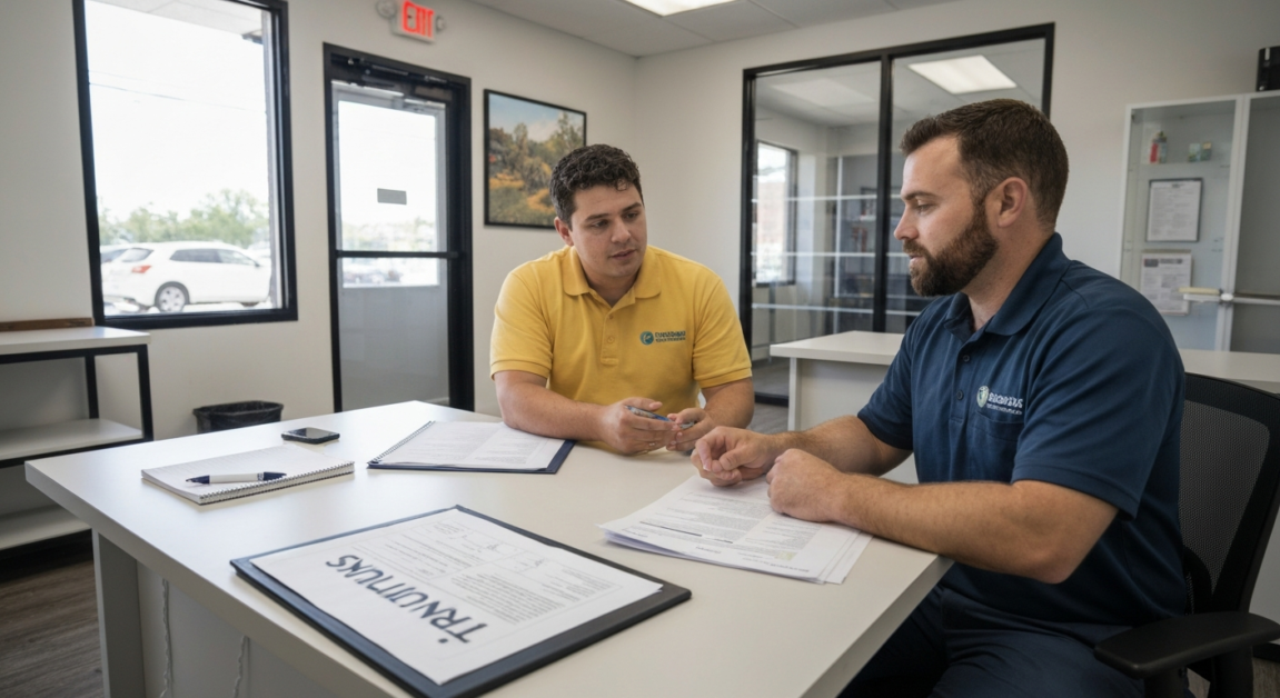 Cleaning professionals in an Orlando office discussing insurance paperwork, highlighting service protection.