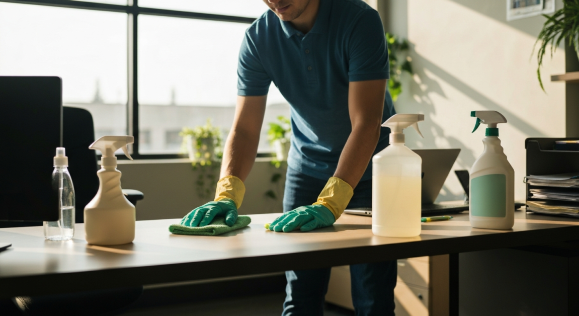 Professional cleaner using non-toxic, low-odor products on a desk in an Orlando office, showcasing eco-friendly office cleaning solutions.