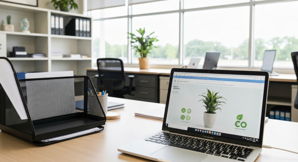 Office manager reviewing green cleaning service reviews and eco-certifications on a laptop to ensure eco-friendly service selection.