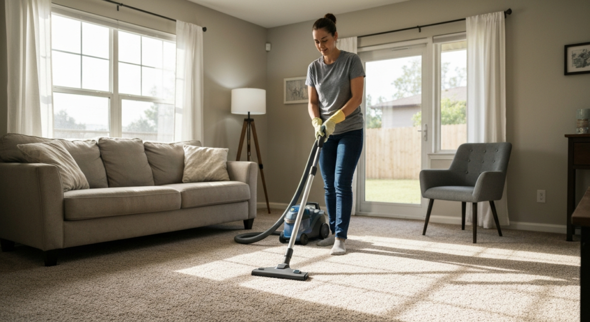 Cleaning professional vacuuming a carpet in an Orlando home living room during a regular cleaning session.