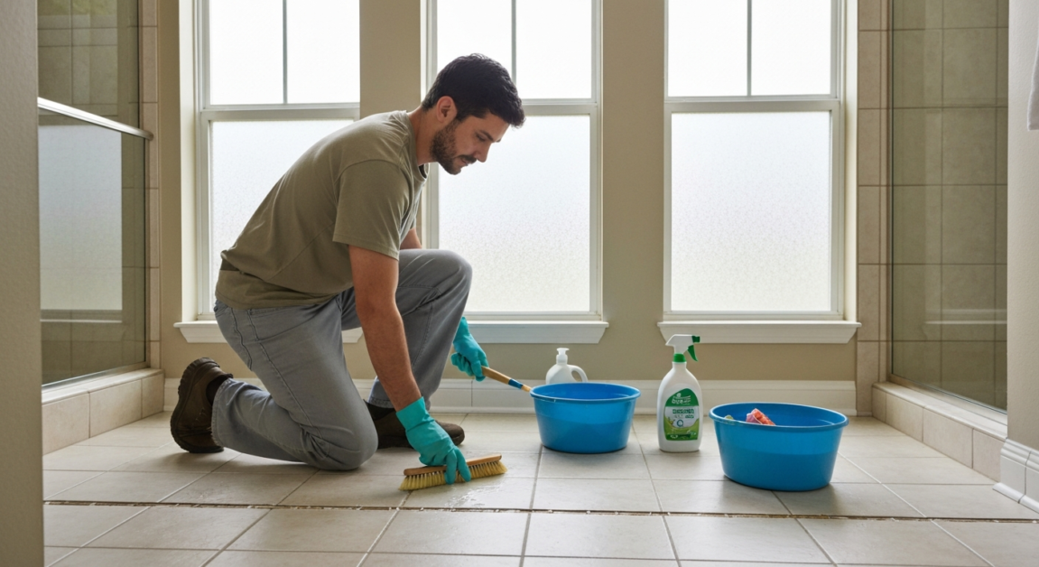 Cleaner scrubbing grout lines in an Orlando home's bathroom to illustrate deep cleaning efforts.