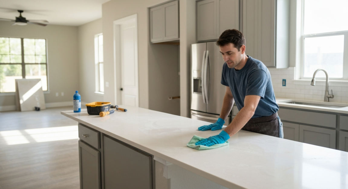 Cleaning professional removing dust in a post-construction Orlando home kitchen for thorough clean-up.