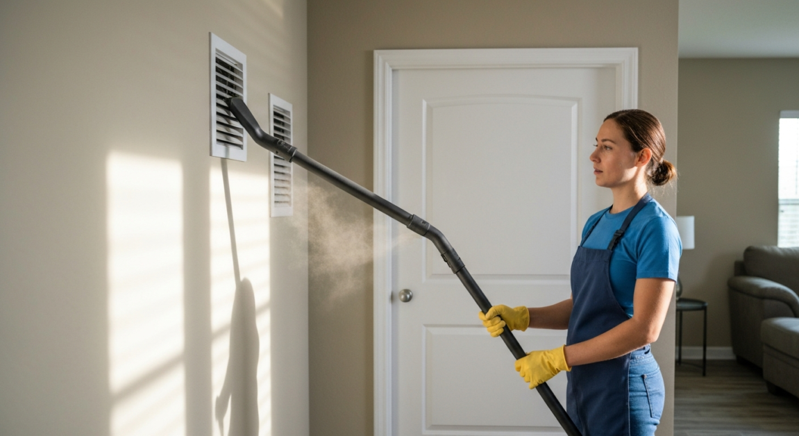 Professional cleaner using HEPA vacuum on air vents in an Orlando home to manage post-construction dust.