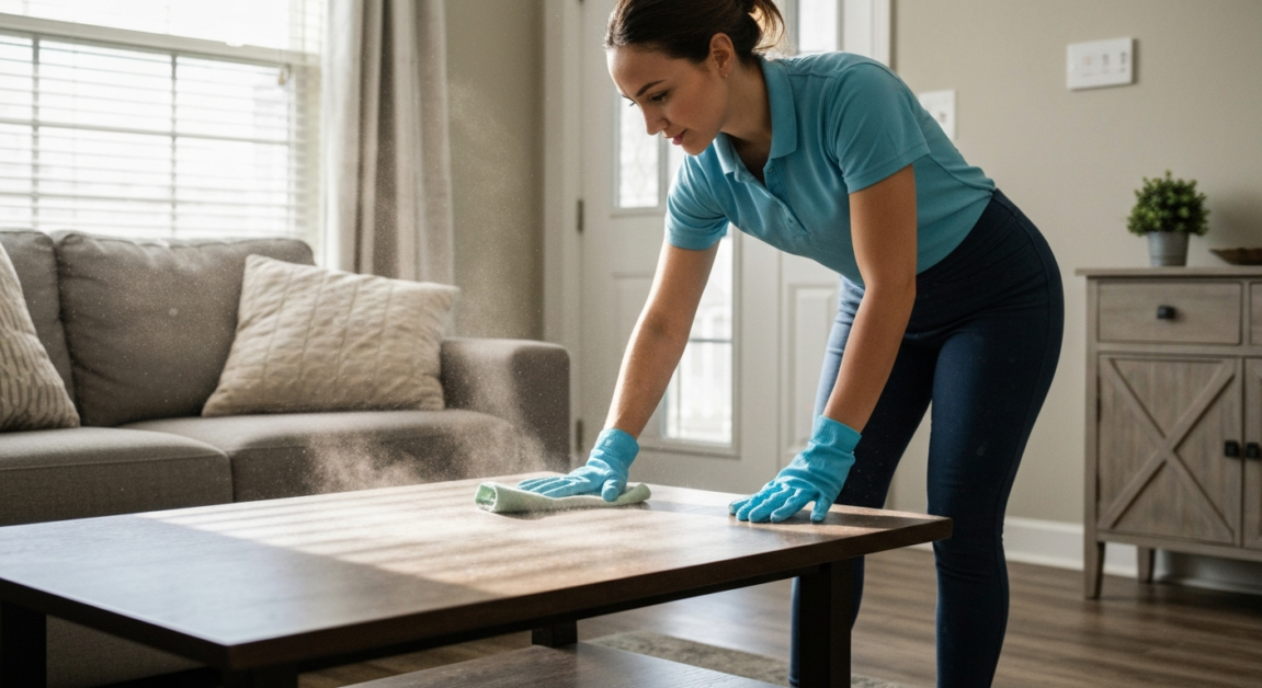 Dust settling on a coffee table in an Orlando living room despite initial cleaning efforts.