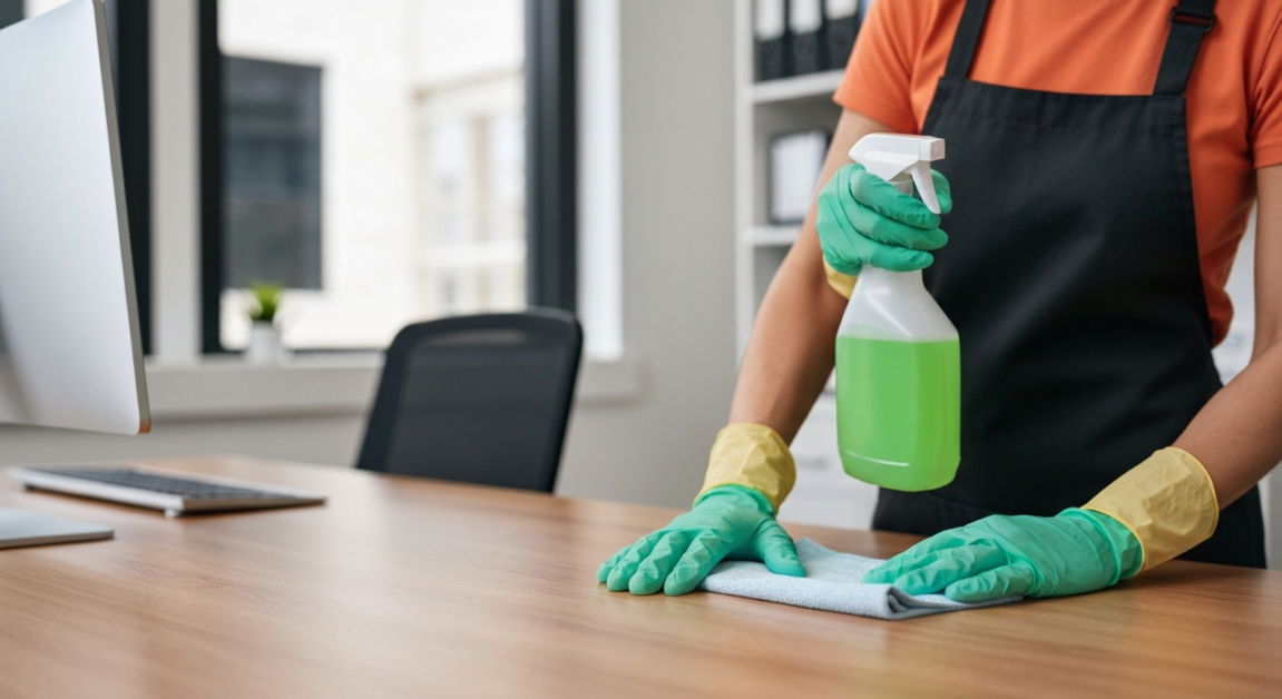 Professional cleaner in an Orlando office using eco-friendly cleaning products and techniques.