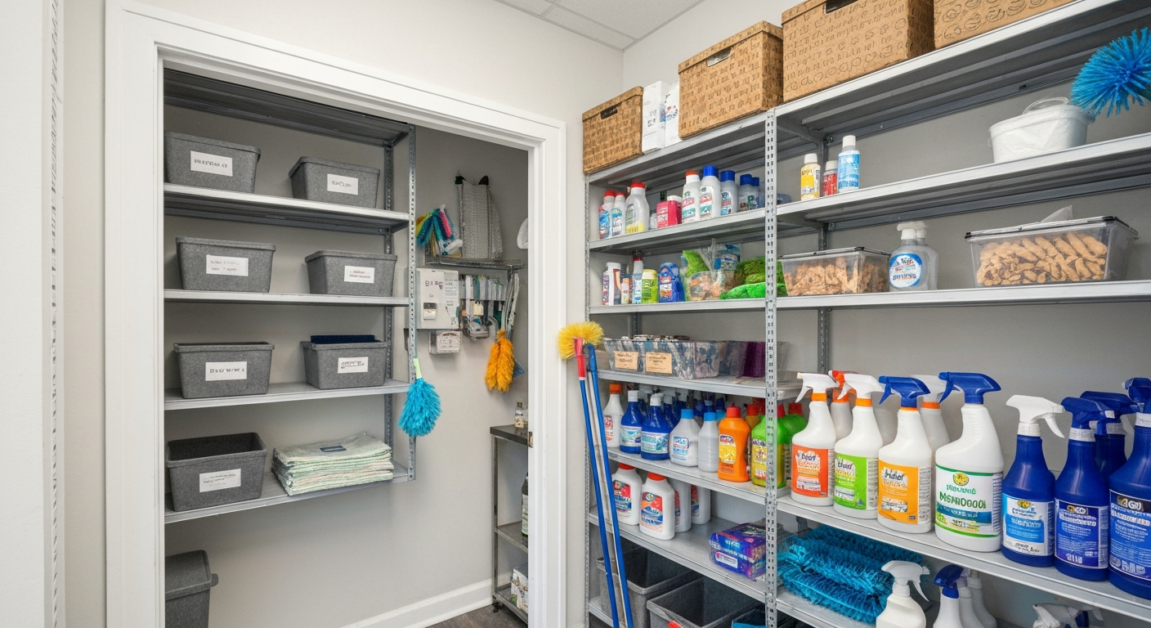 An organized shelf of eco-friendly cleaning supplies in an Orlando commercial space.