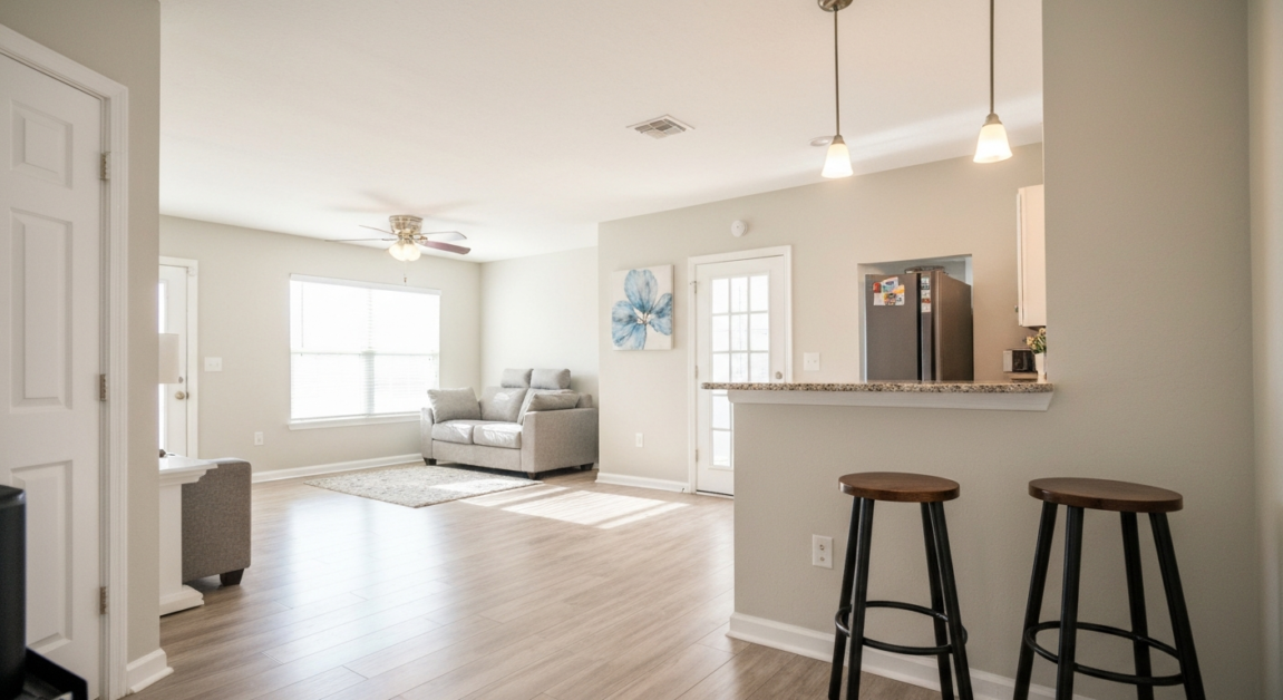 A spotless and inviting living room in an Orlando rental property after eco-friendly cleaning.