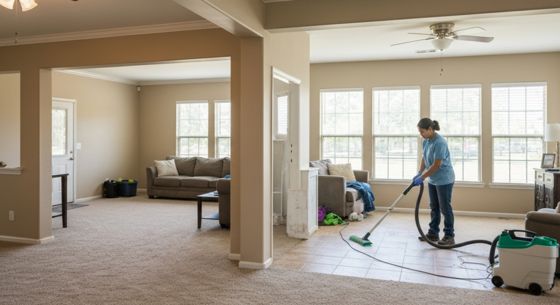 Orlando living room showing mix of tidy and cluttered areas, professional cleaner vacuuming