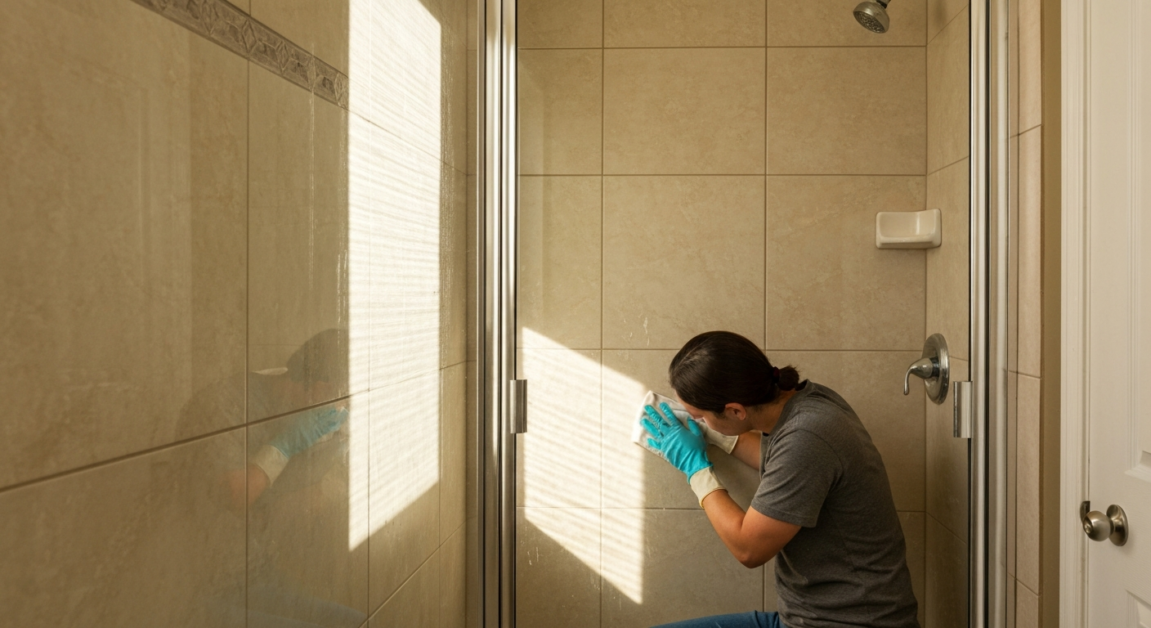 Cleaner scrubbing tiles in an Orlando home bathroom during a deep clean