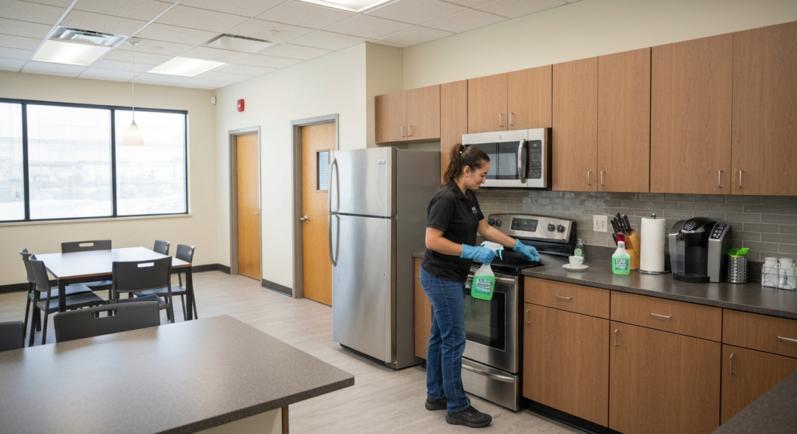 Cleaner disinfecting an office breakroom in Orlando with special attention to counters and appliances.