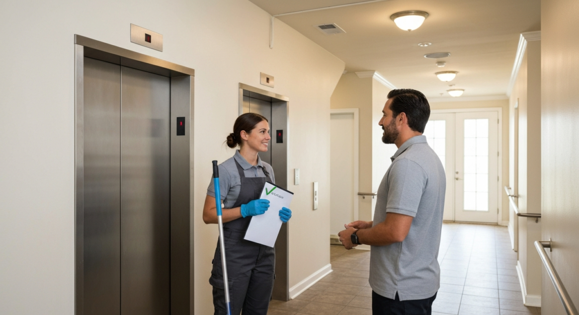 Cleaner coordinating access with manager near elevator in Orlando apartment for post-construction cleaning.