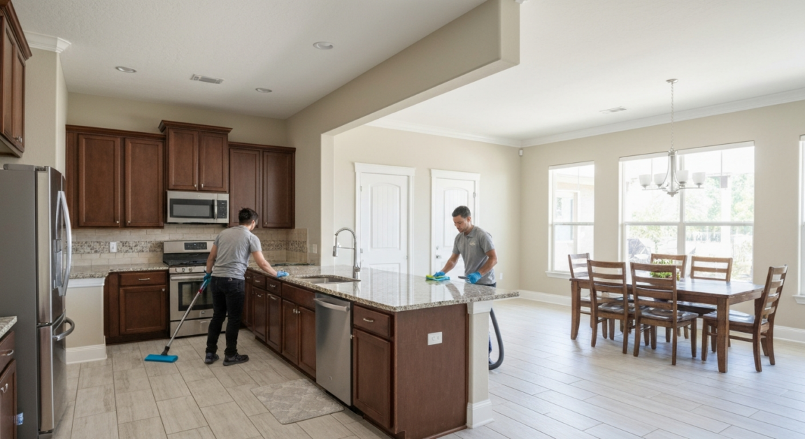 Team of cleaners working in a large open kitchen in Orlando, ensuring thorough cleaning