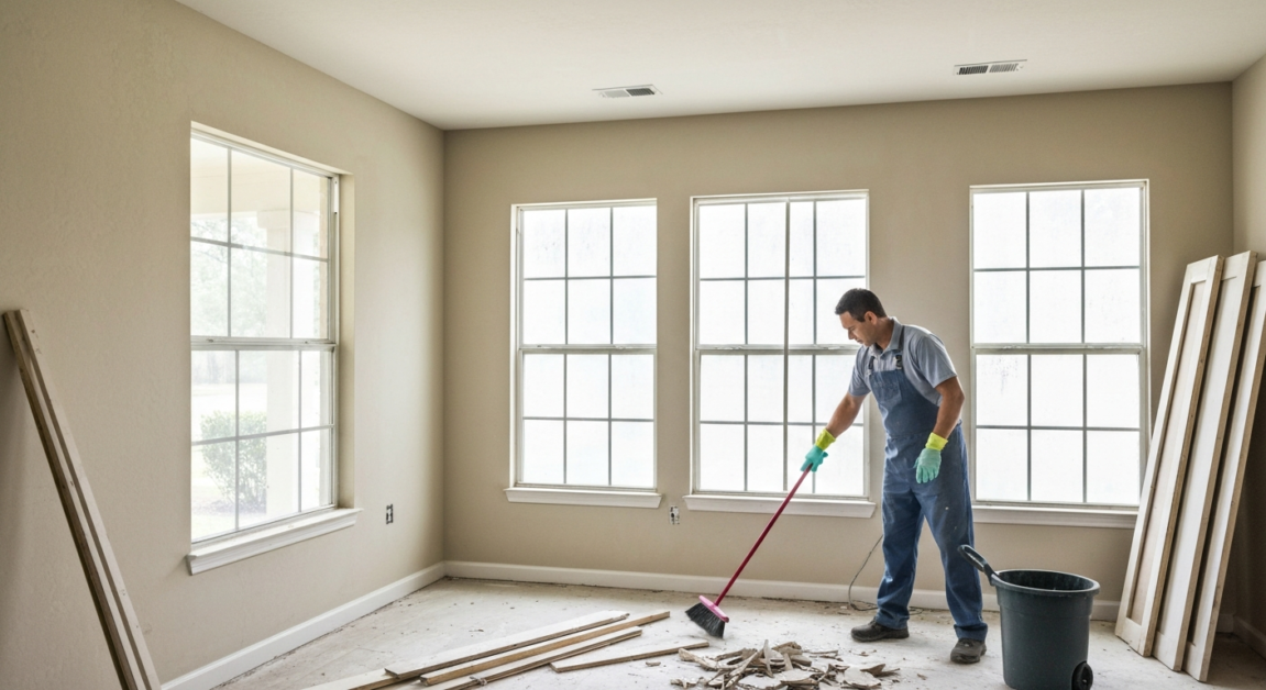 A professional cleaner removing construction debris in an Orlando home, showing post-construction cleaning workflow.
