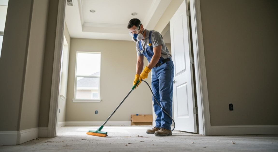 Professional cleaner in safety gear performing post-construction cleaning inside an Orlando home.