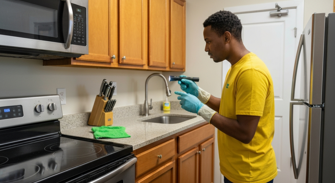 Cleaner using flashlight to inspect behind kitchen appliances for overlooked dirt.