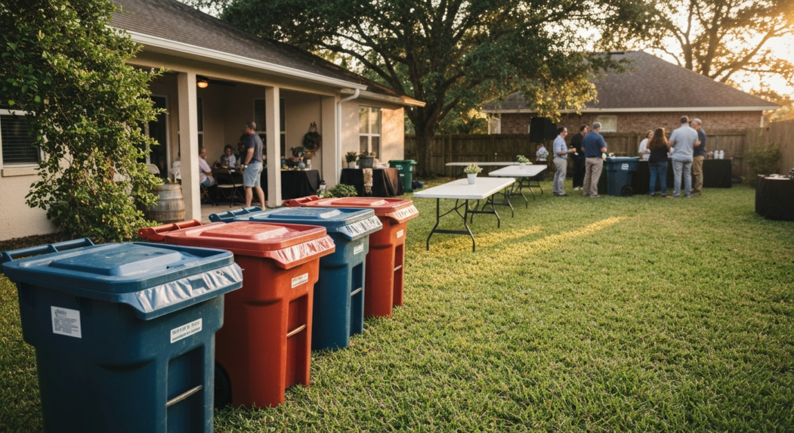 Trash and recycling bins set up at an outdoor event in an Orlando backyard, emphasizing proper disposal methods.