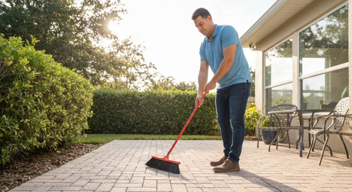Person sweeping a sunlit patio in an Orlando backyard, demonstrating cleanup effectiveness against Floridian debris.