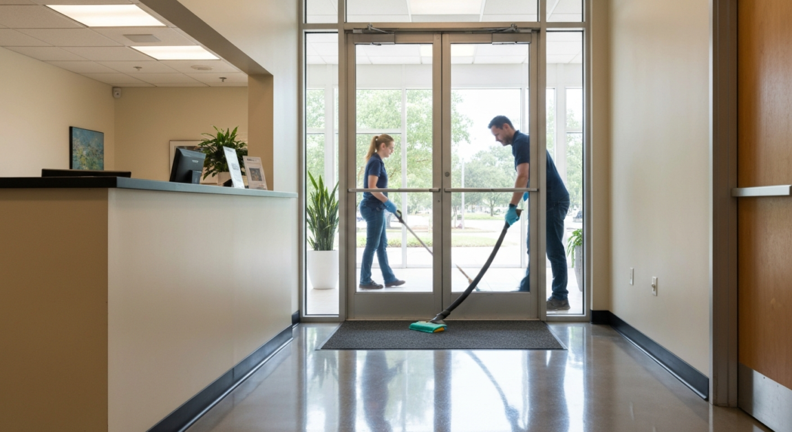 Cleaner vacuuming bright Orlando office entryway, shining floors, spotless glass door