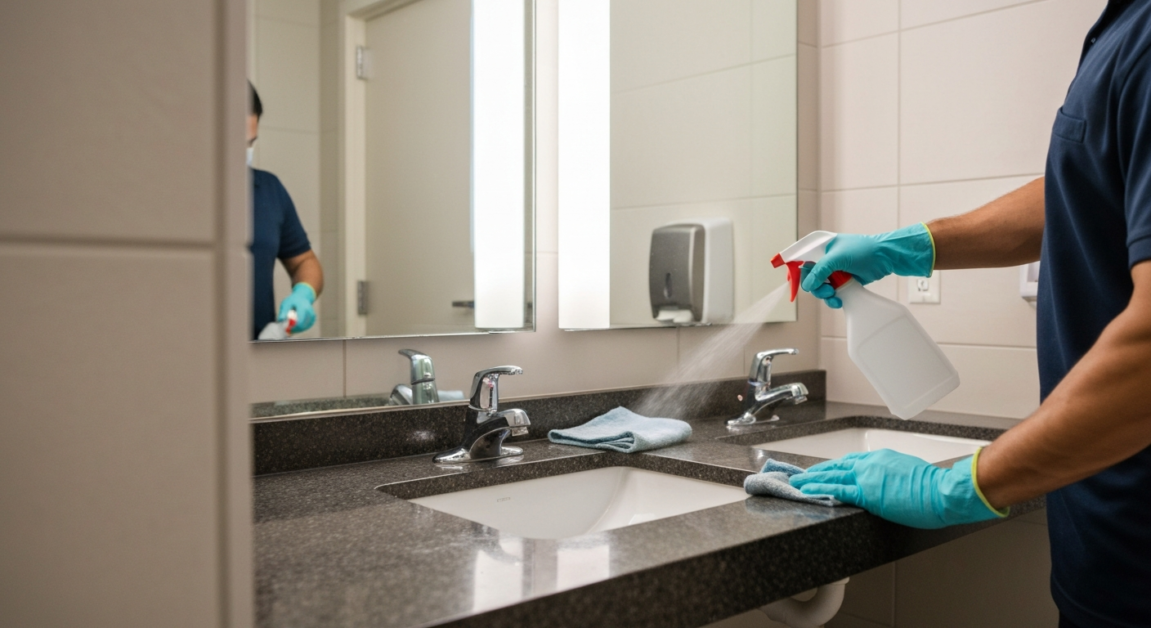 Cleaner disinfecting an Orlando office restroom sink with gleaming surfaces