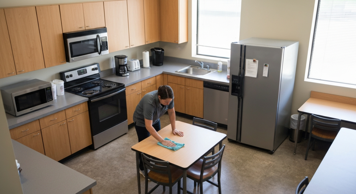 Cleaner wiping Orlando office breakroom table, bright room with microwave and counters
