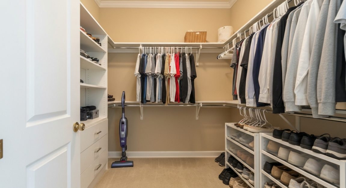 Organized Orlando master closet showcasing decluttering benefits for efficient cleaning